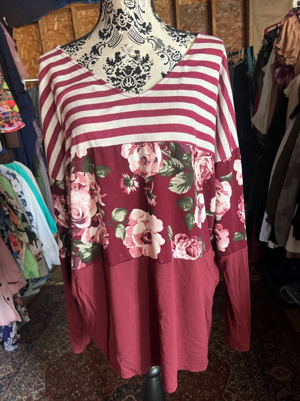 Sew In Love Burgundy Floral & Stripe V-Neck Long Sleeve Top